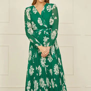 Yumi Green Floral Pleated Midi Wrap Long Sleeve Dress