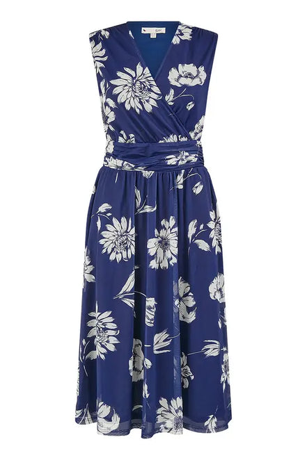 Yumi Navy Floral Print Stretch Mesh Dress with Pockets