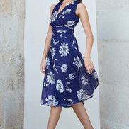 Yumi Navy Floral Print Stretch Mesh Dress with Pockets