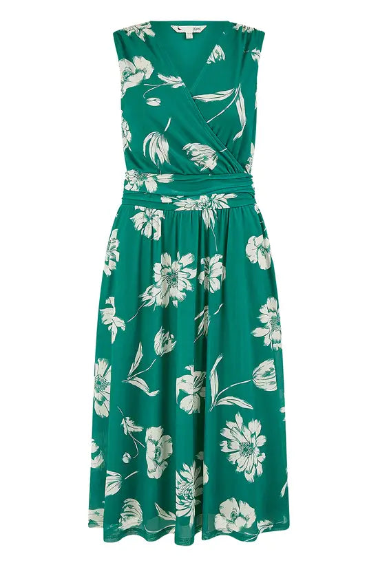 Yumi Green Floral Print Stretch Mesh Dress with Pockets