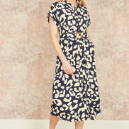 Yumi Navy Abstract Animal Print Relaxed Midi Shirt Dress with Belt