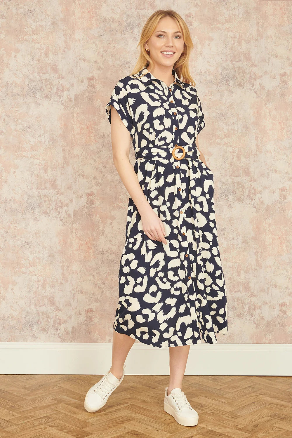 Yumi Navy Abstract Animal Print Relaxed Midi Shirt Dress with Belt