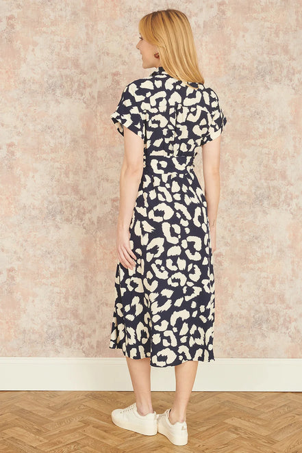 Yumi Navy Abstract Animal Print Relaxed Midi Shirt Dress with Belt