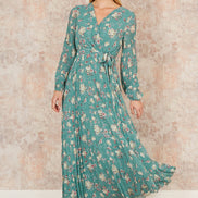 Yumi Mint Green Floral Pleated Long Sleeve Wrap Over Midi Dress