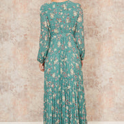 Yumi Mint Green Floral Pleated Long Sleeve Wrap Over Midi Dress