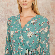 Yumi Mint Green Floral Pleated Long Sleeve Wrap Over Midi Dress