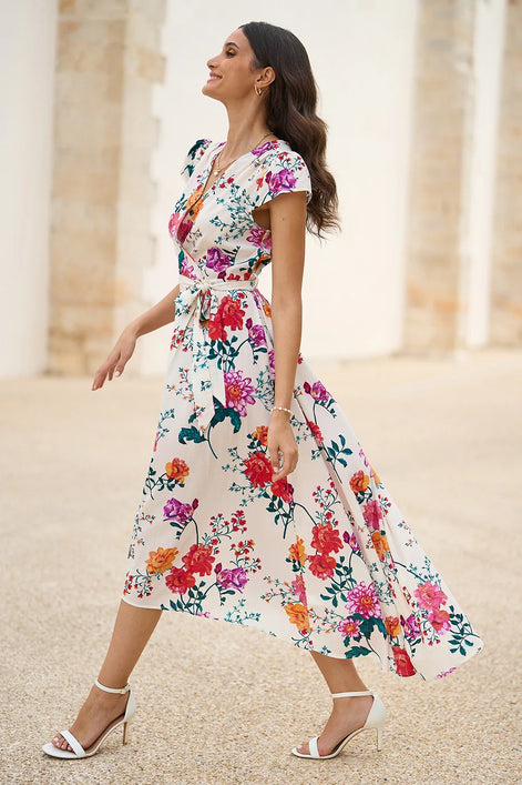 Yumi Ivory Flower Print Wrap Midi Dress
