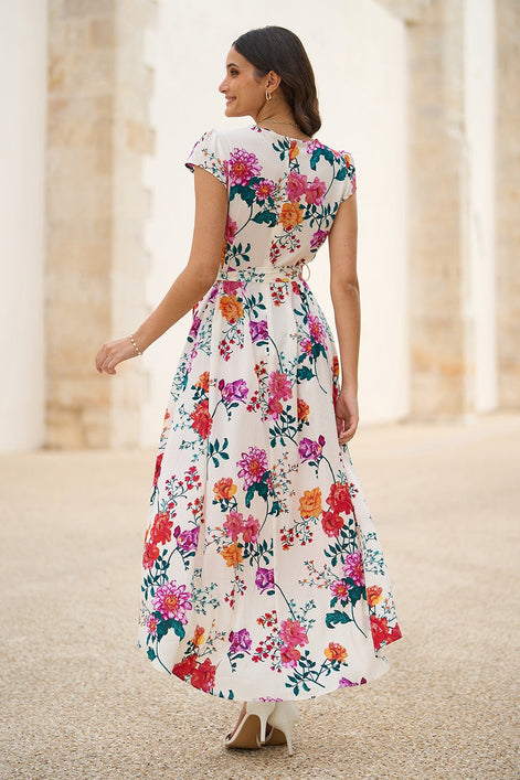 Yumi Ivory Flower Print Wrap Midi Dress
