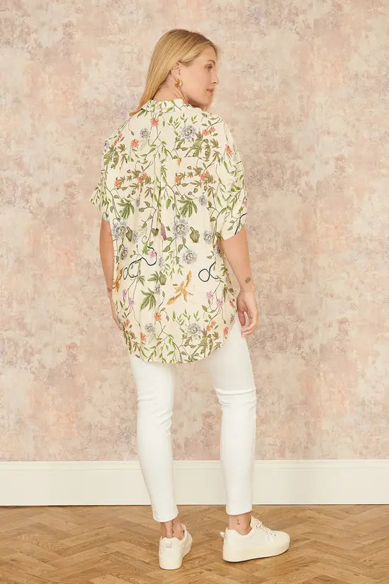 Yumi Beige Relaxed Fit Shirt with Botanical Print