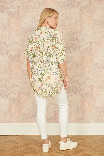 Yumi Beige Relaxed Fit Shirt with Botanical Print