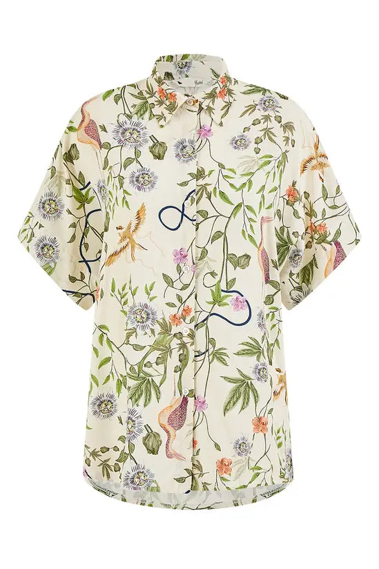 Yumi Beige Relaxed Fit Shirt with Botanical Print