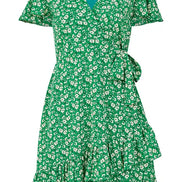 Yumi Green Ditsy Floral Wrap Frill Dress