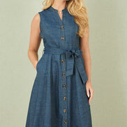 Yumi Blue Chambray Cotton Midi Embroidered Shirt Dress