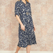 Yumi Navy Floral Print Pleated Skater Dress with Buckle