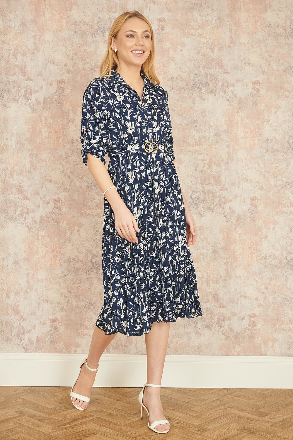 Yumi Navy Floral Print Pleated Skater Dress with Buckle