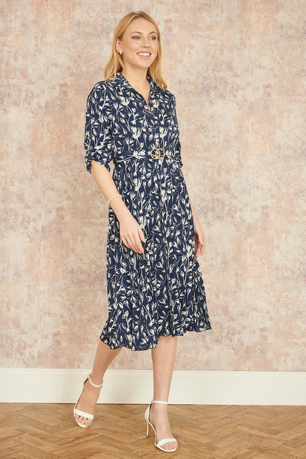 Yumi Navy Floral Print Pleated Skater Dress with Buckle