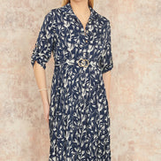 Yumi Navy Floral Print Pleated Skater Dress with Buckle