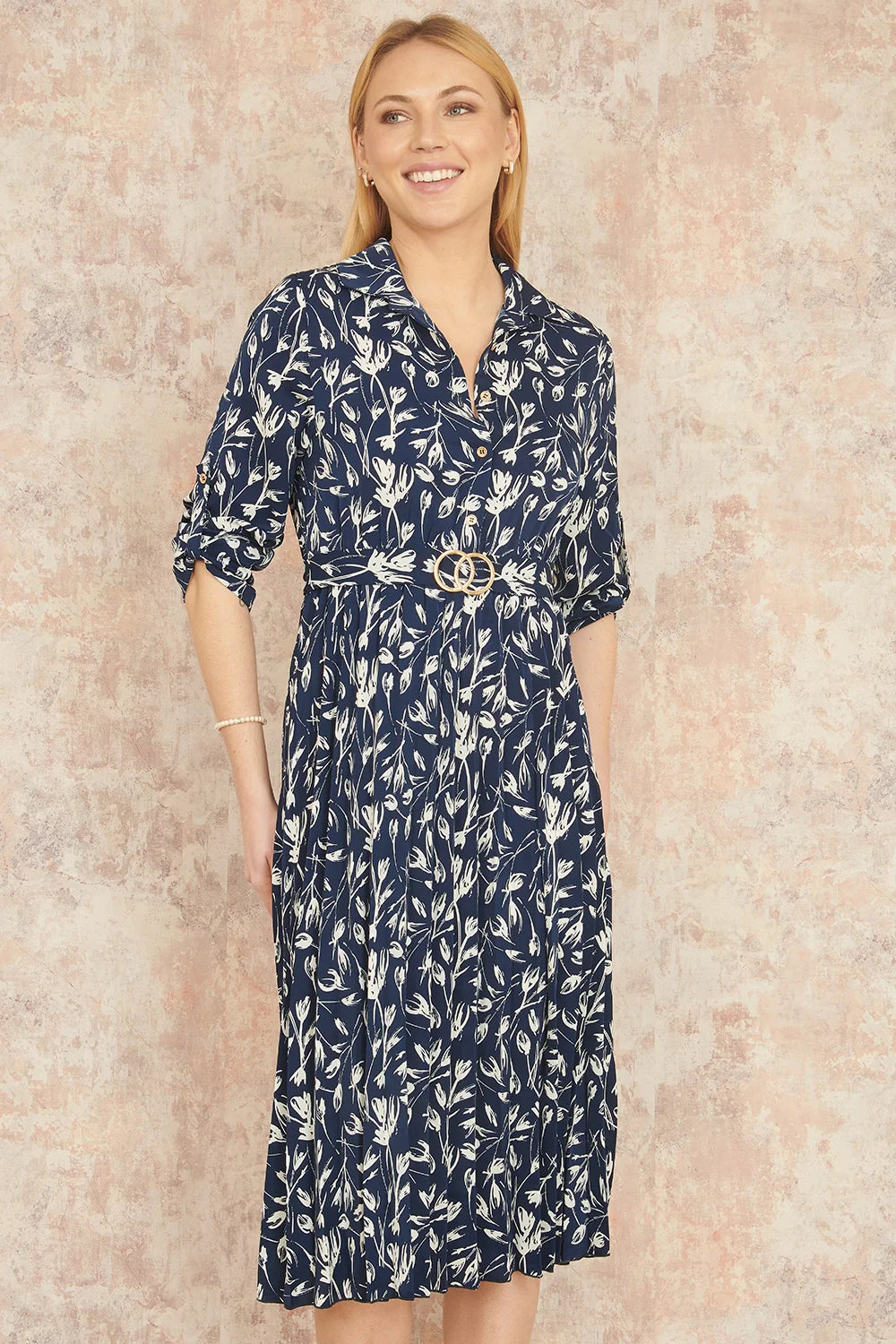 Yumi Navy Floral Print Pleated Skater Dress with Buckle