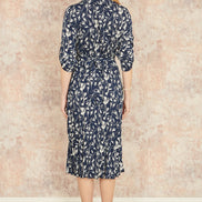 Yumi Navy Floral Print Pleated Skater Dress with Buckle