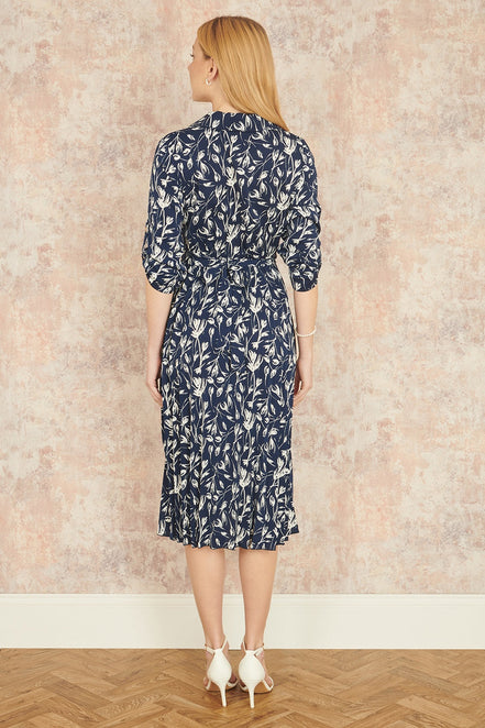 Yumi Navy Floral Print Pleated Skater Dress with Buckle