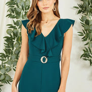 Yumi Green Jumpsuit with Gold Buckle and Frill Detail