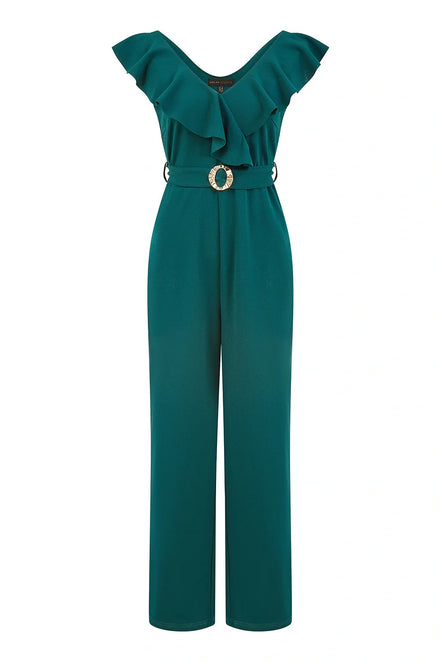 Yumi Green Jumpsuit with Gold Buckle and Frill Detail
