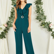 Yumi Green Jumpsuit with Gold Buckle and Frill Detail
