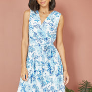 Yumi Blue Floral Wrap Over Skater Dress