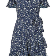 Yumi Navy Ditsy Floral Wrap Frill Dress