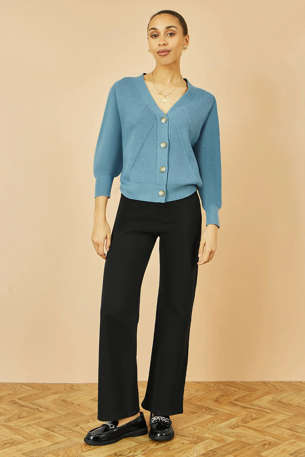 Yumi Blue Relaxed Fit Cardigan with Stitch Detail