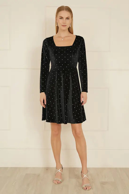 Yumi Black Skater Dress with Diamantes and Long Sleeve