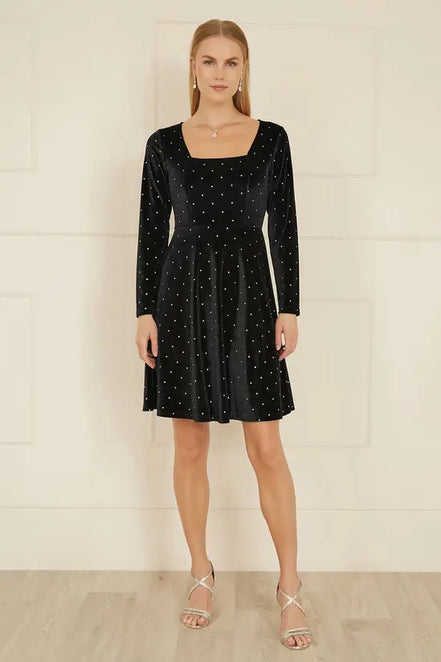 Yumi Black Skater Dress with Diamantes and Long Sleeve
