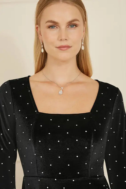 Yumi Black Skater Dress with Diamantes and Long Sleeve