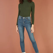 Yumi Green Ribbed Knit Roll Neck Jumper