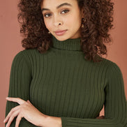 Yumi Green Ribbed Knit Roll Neck Jumper