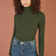 Yumi Green Ribbed Knit Roll Neck Jumper