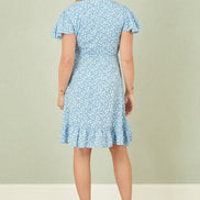 Yumi Blue Ditsy Floral Wrap Frill Dress