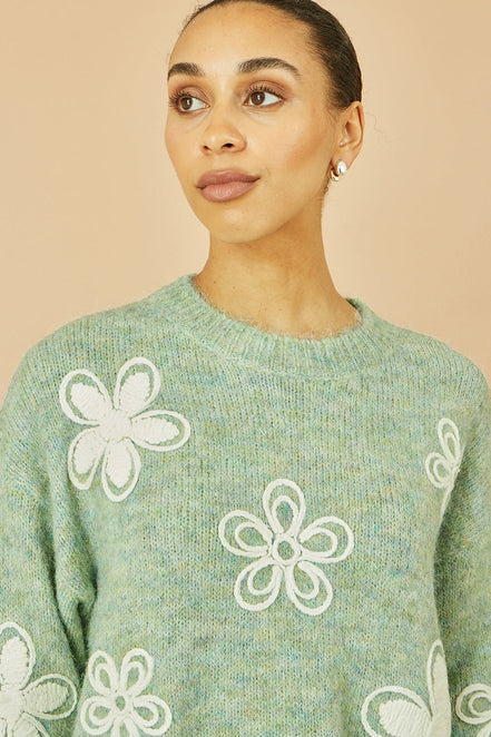 Yumi Green Relaxed Knitted Jumper with Crochet Flowers