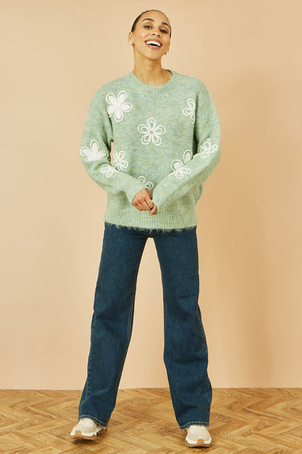 Yumi Green Relaxed Knitted Jumper with Crochet Flowers
