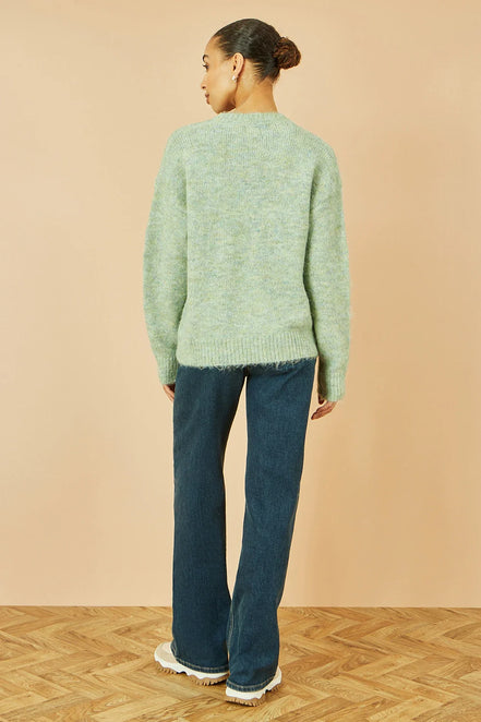Yumi Green Relaxed Knitted Jumper with Crochet Flowers
