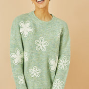 Yumi Green Relaxed Knitted Jumper with Crochet Flowers