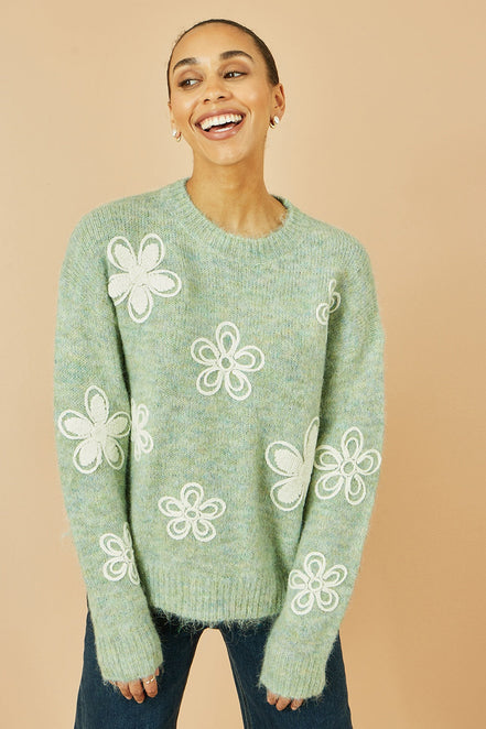 Yumi Green Relaxed Knitted Jumper with Crochet Flowers