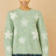 Yumi Green Relaxed Knitted Jumper with Crochet Flowers