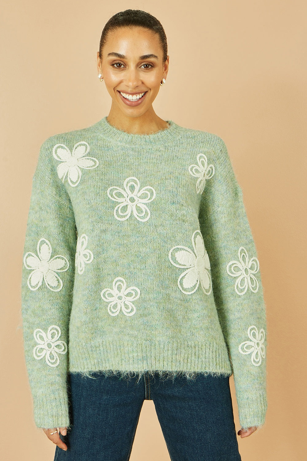 Yumi Green Relaxed Knitted Jumper with Crochet Flowers