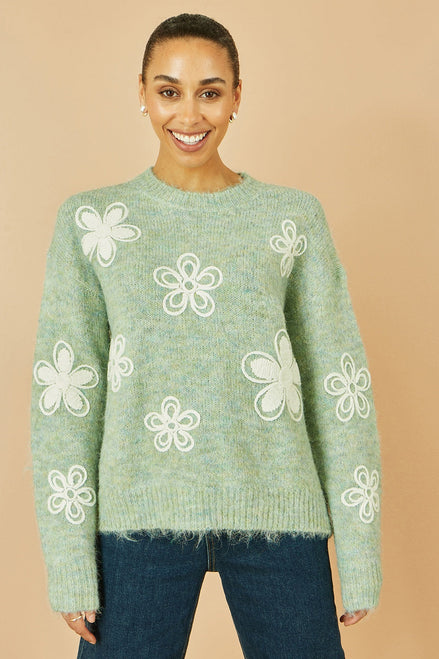 Yumi Green Relaxed Knitted Jumper with Crochet Flowers