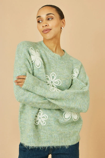Yumi Green Relaxed Knitted Jumper with Crochet Flowers