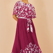 Yumi Burgundy Mirror Floral Design Pleated Midi Dress