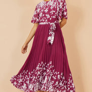 Yumi Burgundy Mirror Floral Design Pleated Midi Dress