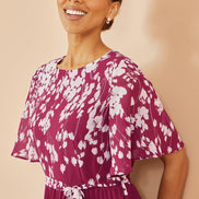 Yumi Burgundy Mirror Floral Design Pleated Midi Dress