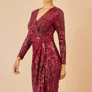 Yumi Red Sequin Midi Wrap Dress with Split Hemline and Long Sleeves